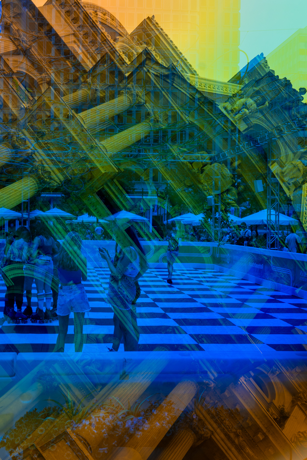 Prism photo of Skaters on rink chatting with Philadelphia City Hall overlay. 