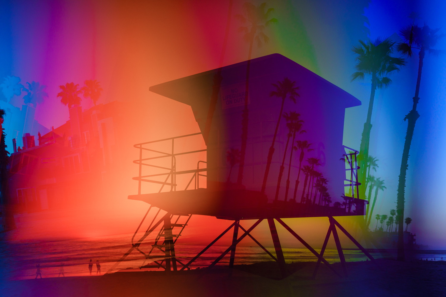 Prism photo of lifeguard stand with rainbow colors from palm trees in background.